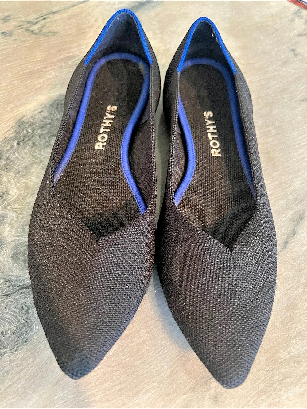 Rothy’s The Point Black Pointed-Toe Flats Blue Trim Size 9